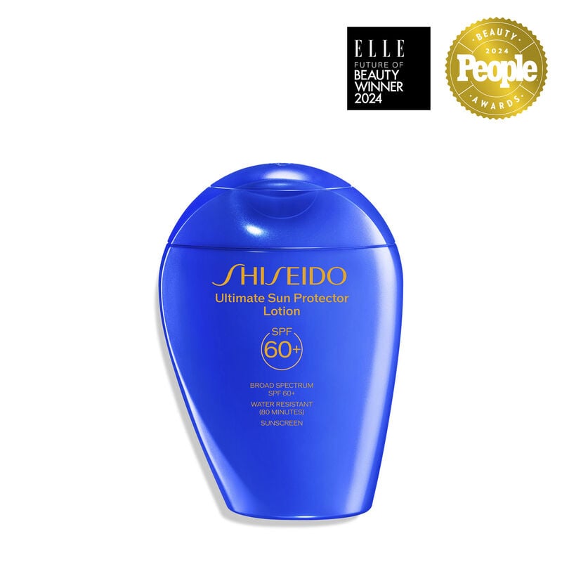 A closed, blue bottle of Shiseido Ultimate Sun Protector Lotion 150mL, labeled with the Shiseido logo, product name, and the SPF level (60+). The label also indicates that the product is broad spectrum and water resistant for up to 80 minutes. 