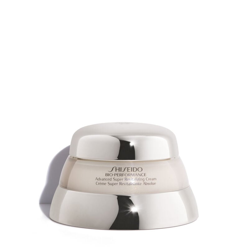 "A  round, silver-colored jar of Shiseido Bio-Performance Advanced Super Revitalizing Cream. The closed jar features the Shiseido logo and the product name. "