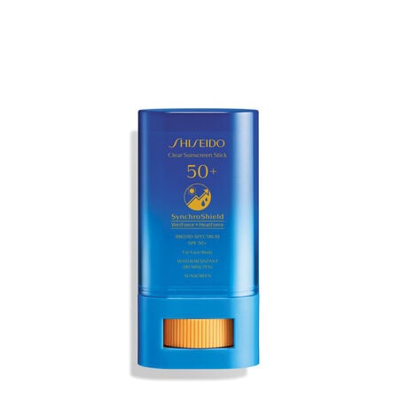 "A closed, bright blue, cylindrical stick of the Shiseido Clear Sunscreen Stick SPF 50+, as well as details about the sunscreen's SPF, protection, and water resistance. "